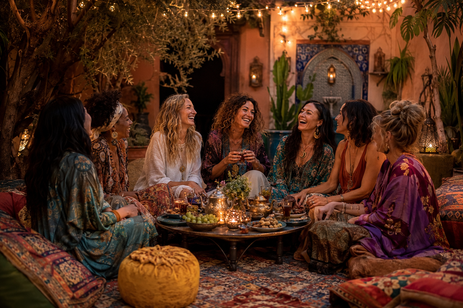 Women gathered around a candlelit table in a richly decorated Moroccan courtyard at night — the warmth and connection that defines a She Only journey