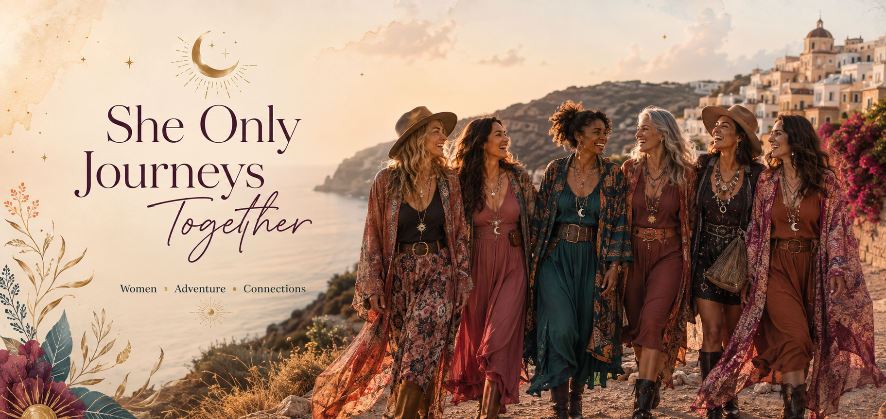 Women friends laughing together on a sun-drenched Mediterranean coast, bags in hand, ready for their next adventure